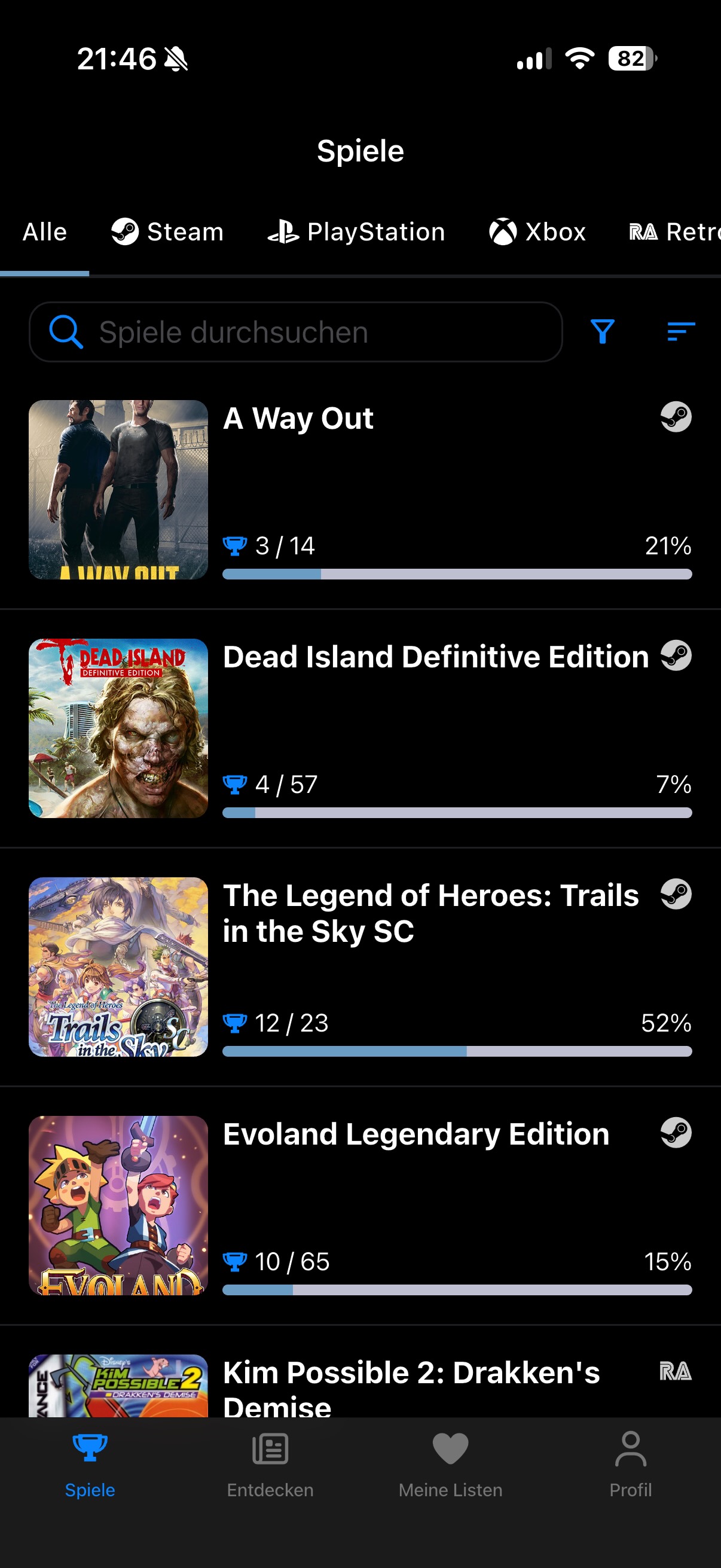 Game library screen with achievement progress for each title