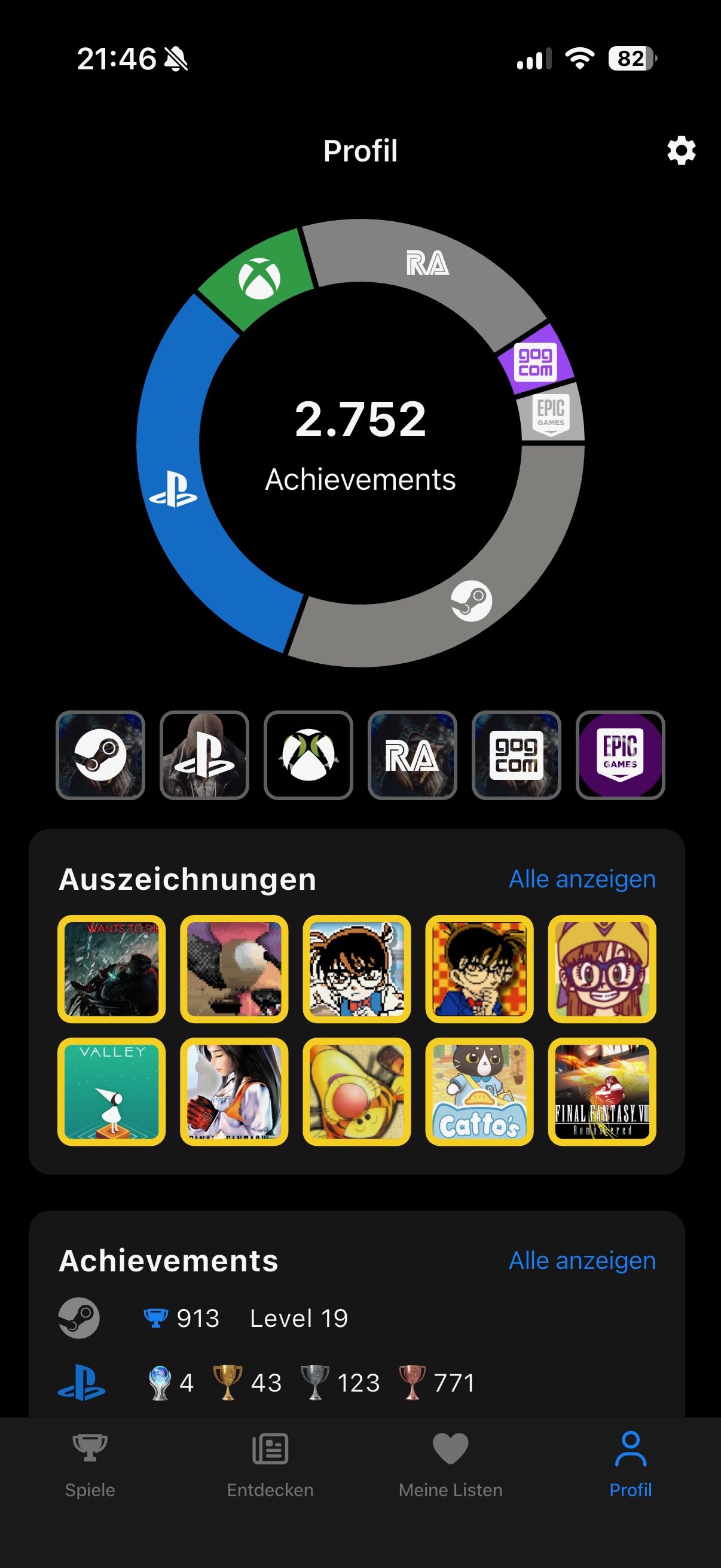 Profile screen with the total number of achievements across all connected platforms